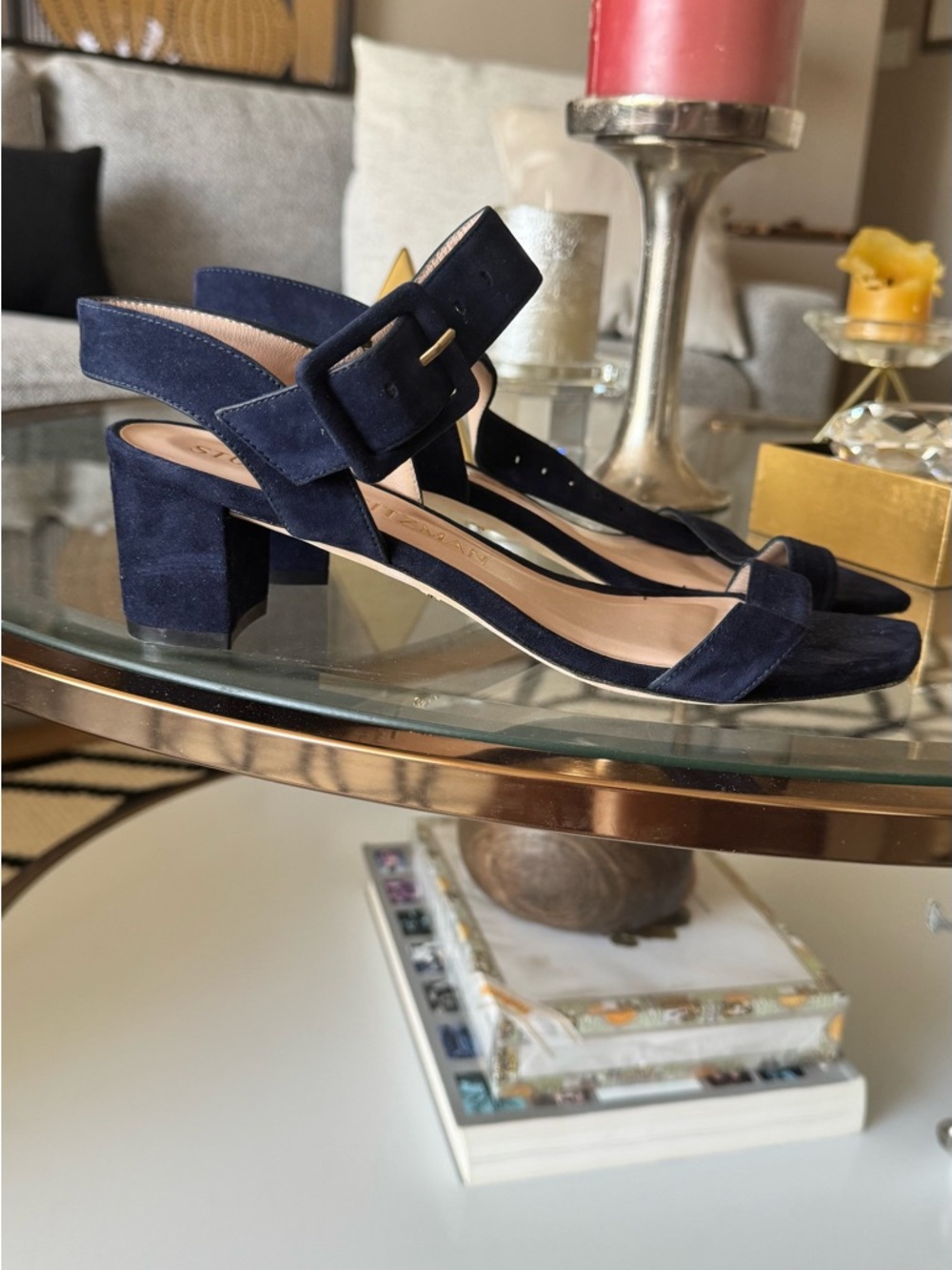 Stuart Weitzman Navy Suede Block Heel Sandals with Buckle